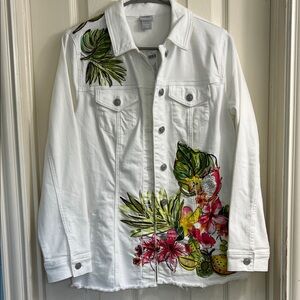 Chico's Jacket Women Size 8 White Denim Tropical Embroidery